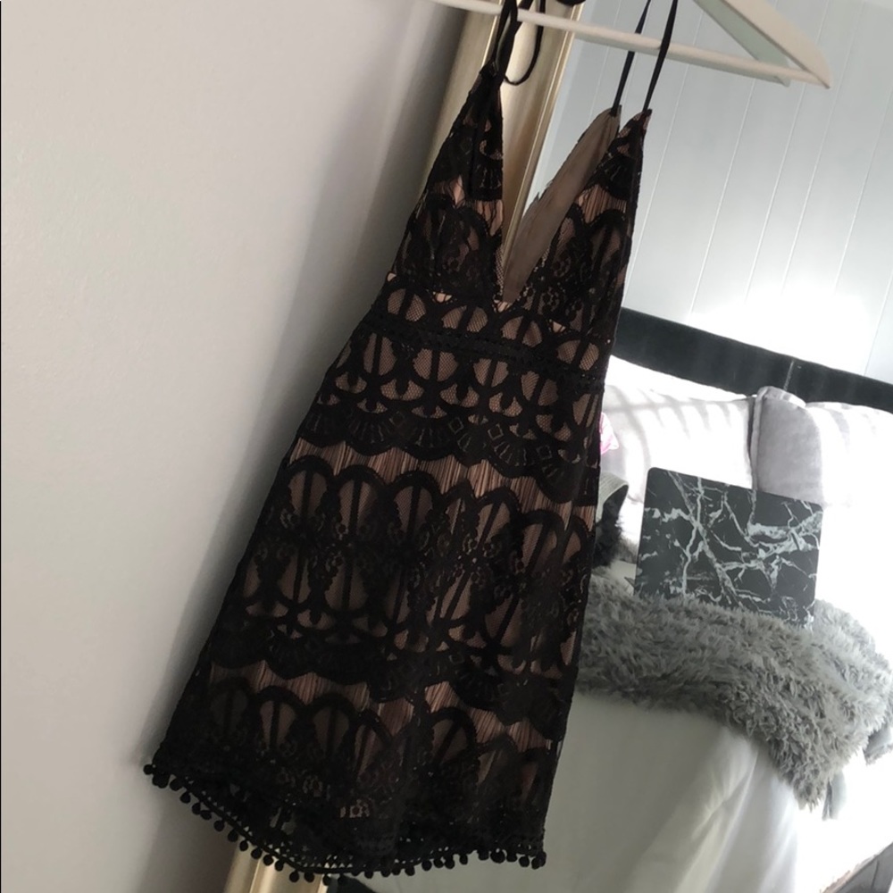 LACE DRESS W/ POM POM TRIMMING